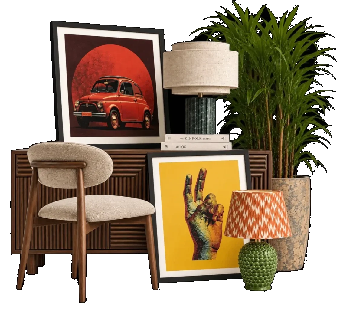 Styled interior still life with framed art prints, a wooden sideboard, a fabric lamp, a vintage chair and a potted plant