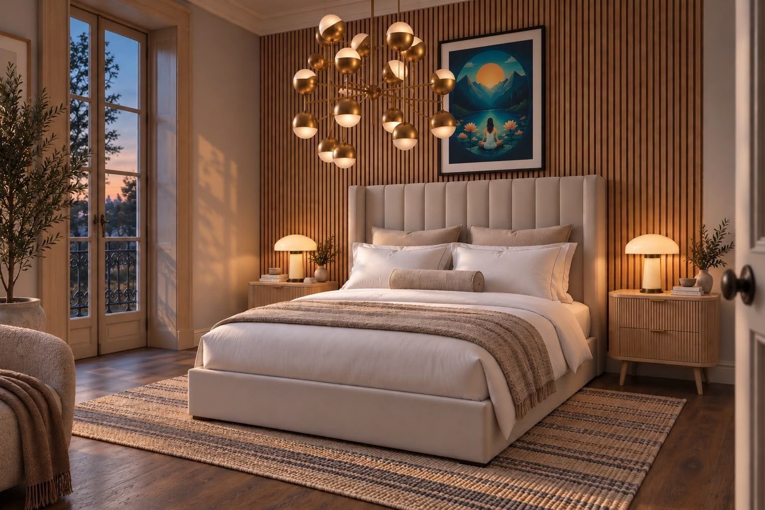 A warm, layered bedroom with a timber feature wall