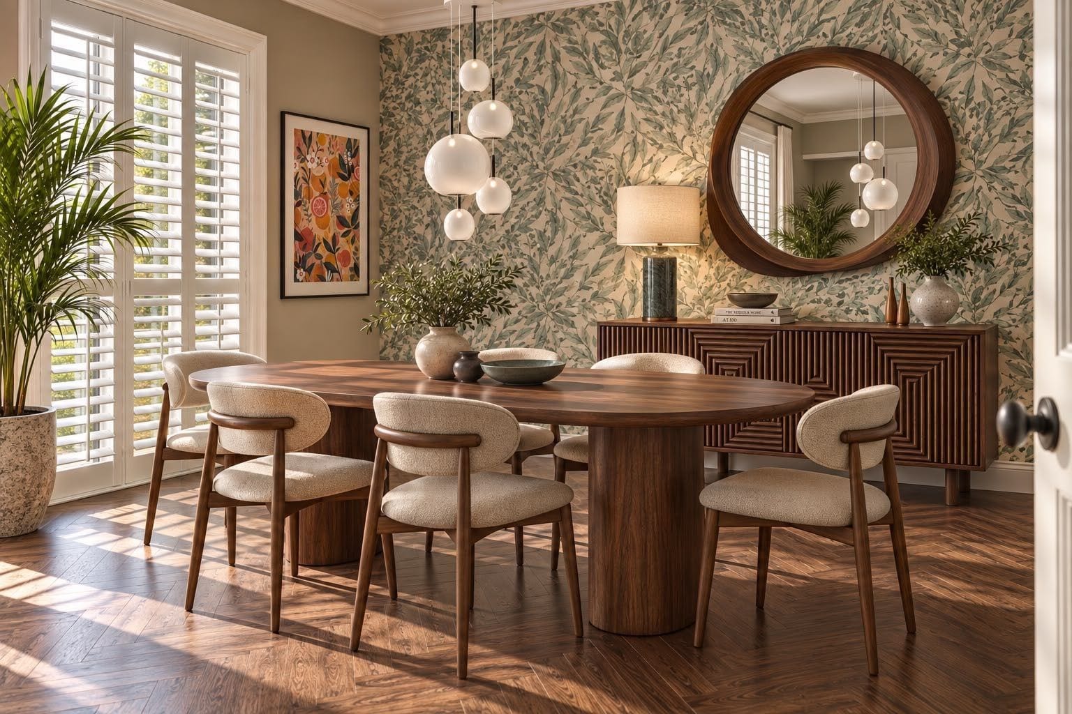 A dining room with a timber table, pendant lights, and leafy wallpaper