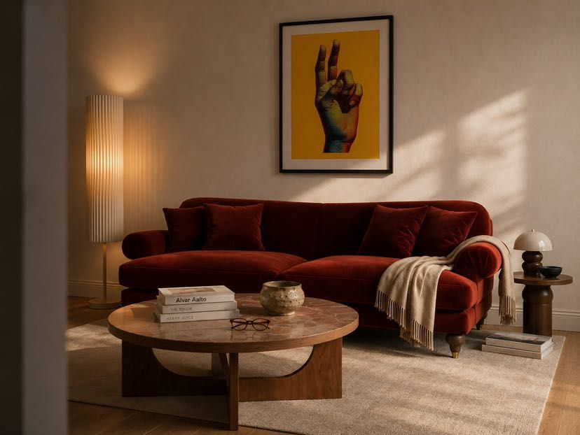 A warm sitting room with a deep red sofa, round coffee table, and framed artwork
