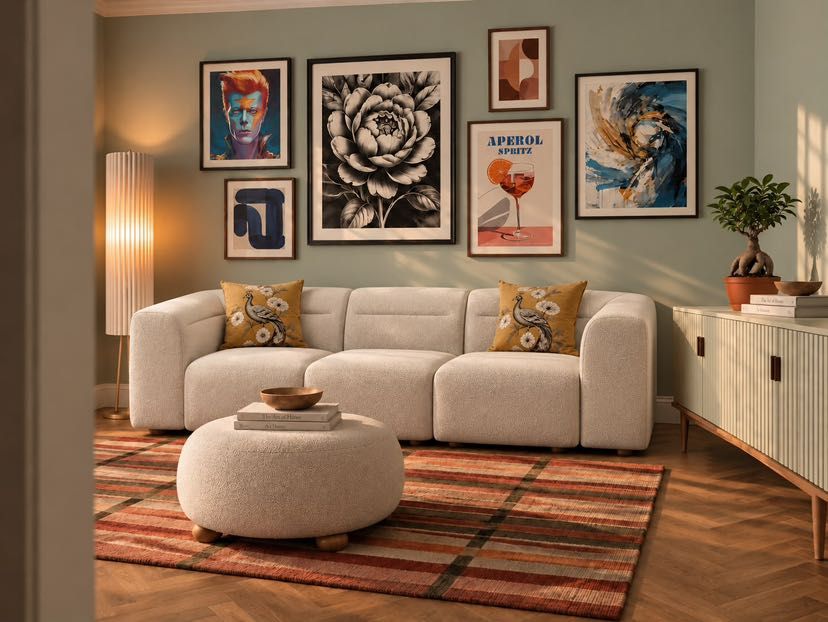A relaxed living room with a sofa, gallery wall, and rug